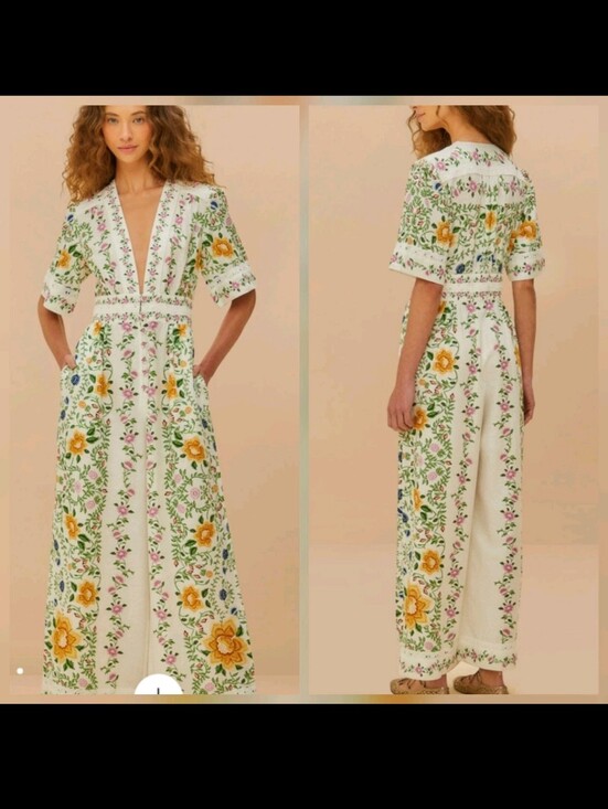 FARM Rio Pants - Farm Rio Off White Folk Floral Jumpsuit